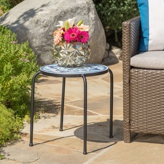 Skye Outdoor Round Ceramic Tile Side Table with Iron Frame by Christopher Knight Home