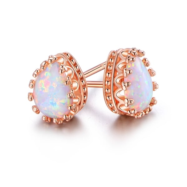 Rose Gold Plated White Fire Opal Teardrop Crown Stud Earrings Rose Gold Plated White Fire Opal Teardrop Crown Stud Earrings