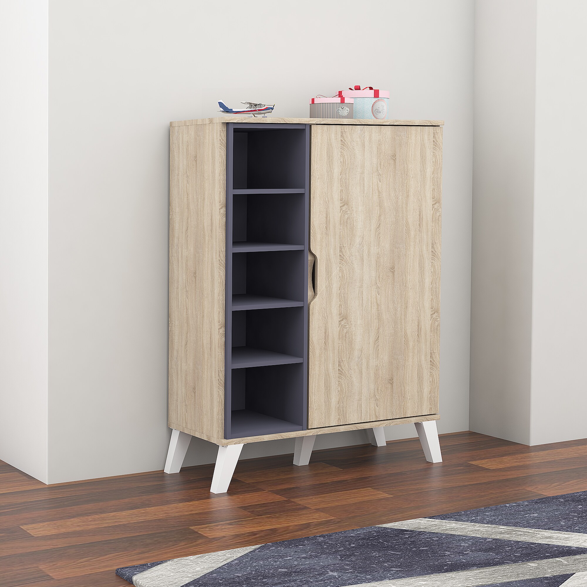 Shop Mid Century Oak And Grey Wood Storage Cabinet By Baxton Studio Overstock 16602393