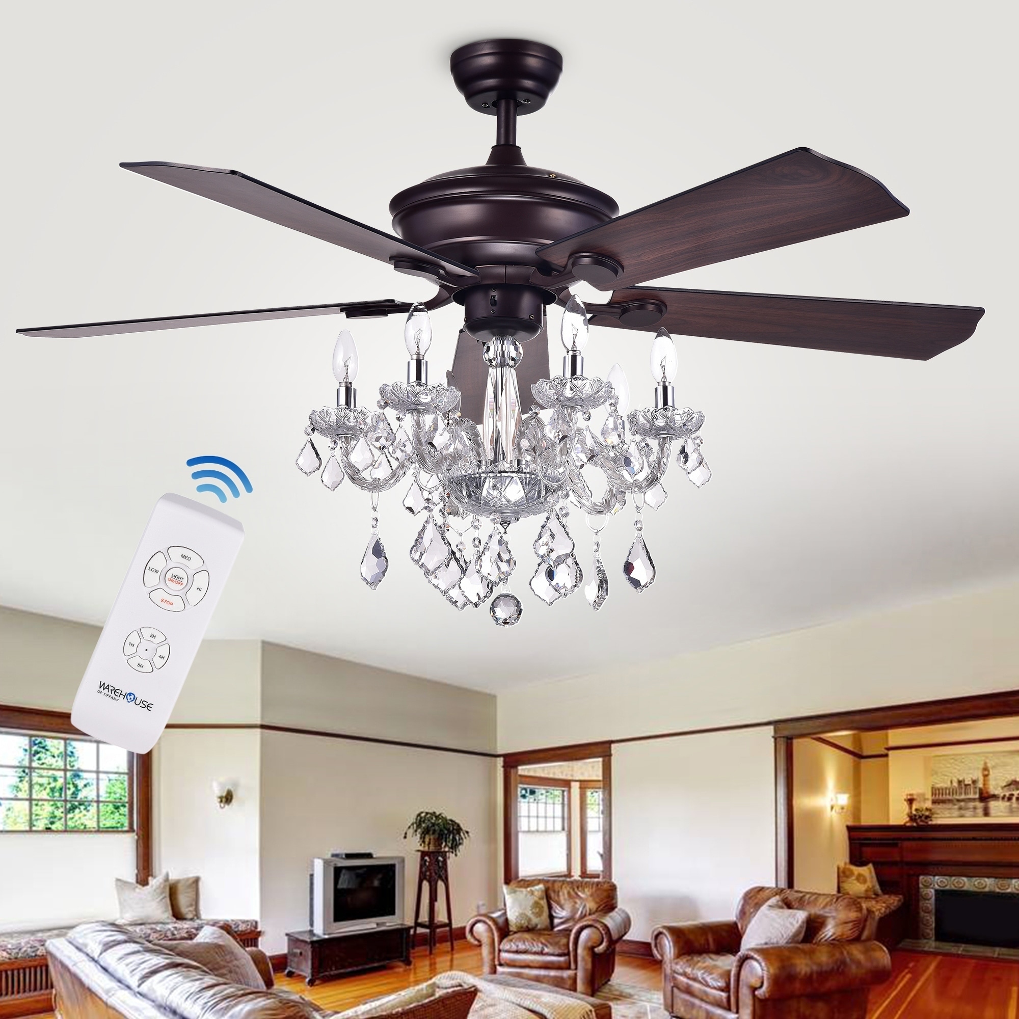 Warehouse Of Tiffany Havorand 52 Inch 5 Blade Ceiling Fan With Crystal Chandelier Optional Remote Brown