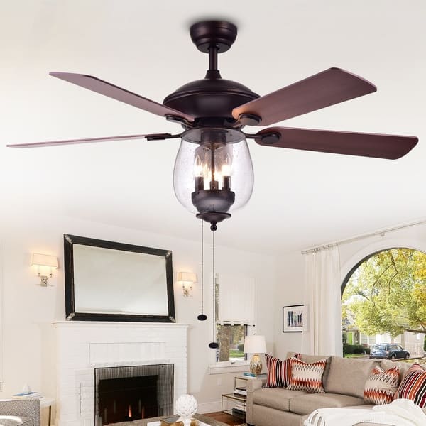 slide 1 of 7, Warehouse of Tiffany Tibwald Wood Glass 52-inch 5-blade Lighted Ceiling Fan (Optional Remote) - Brown