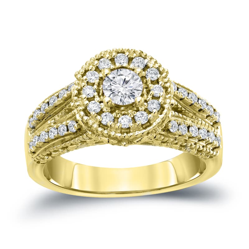 Auriya Vintage 3/4ctw Split Shank Halo Diamond Engagement Ring 14k Gold