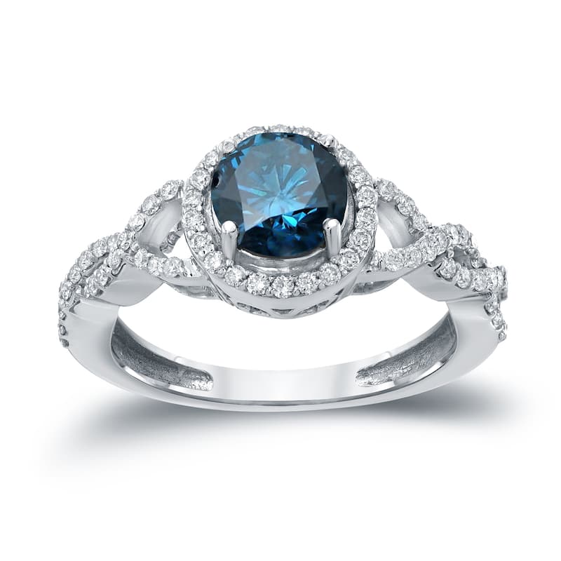 14k Gold 1 3/8ct TDW Blue Round Diamond Halo Engagement Ring by Auriya