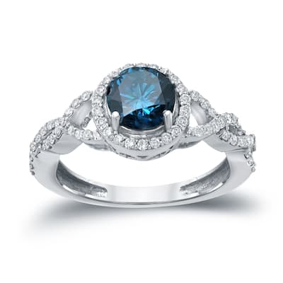 14k Gold 1 3/8ct TDW Blue Round Diamond Halo Engagement Ring by Auriya