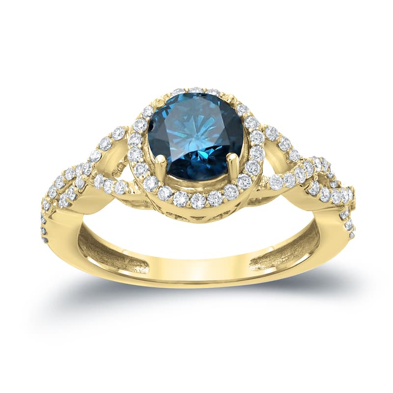 14k Gold 1 3/8ct TDW Blue Round Diamond Halo Engagement Ring by Auriya
