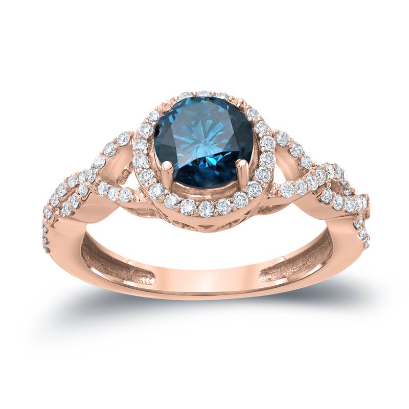14k Gold 1 3/8ct TDW Blue Round Diamond Halo Engagement Ring by Auriya
