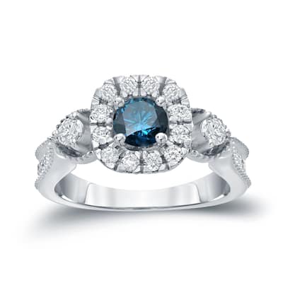 Auriya 1ctw 3 Stone Halo Blue Diamond Engagement Ring 14k Gold