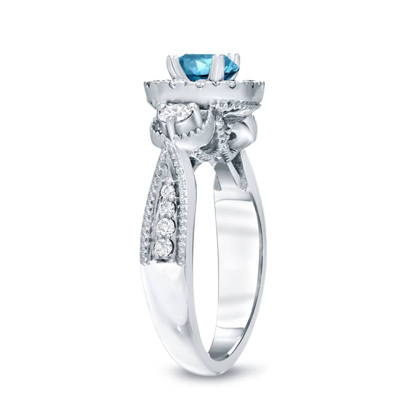 Auriya 1ctw 3 Stone Halo Blue Diamond Engagement Ring 14k Gold