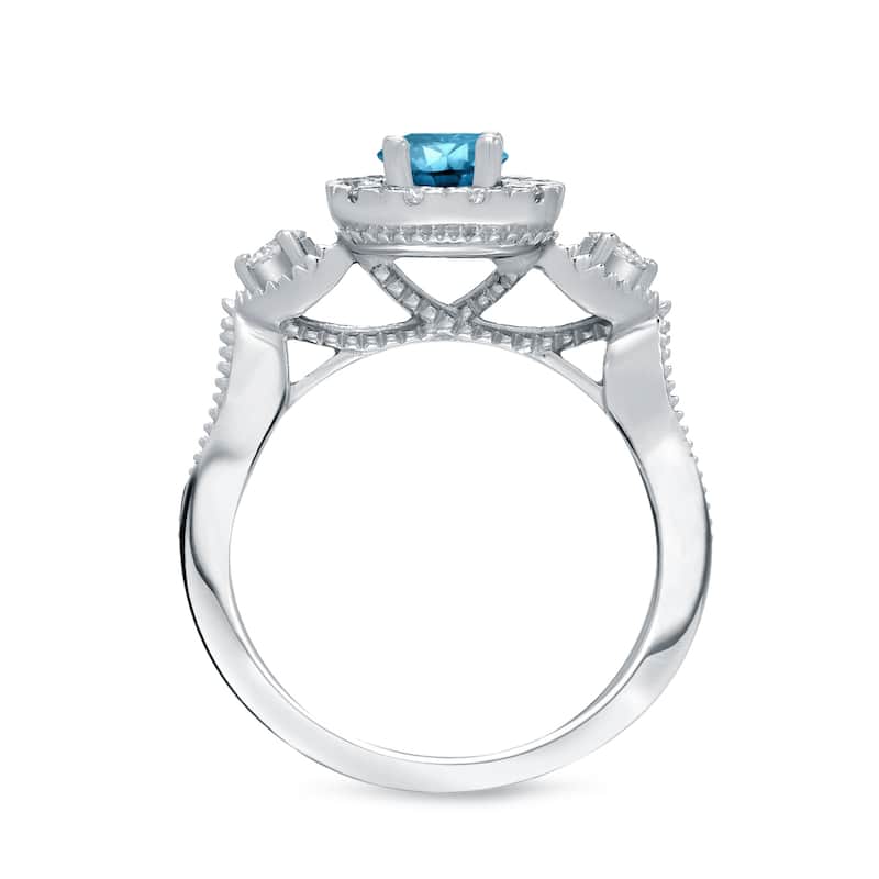 Auriya 1ctw 3 Stone Halo Blue Diamond Engagement Ring 14k Gold