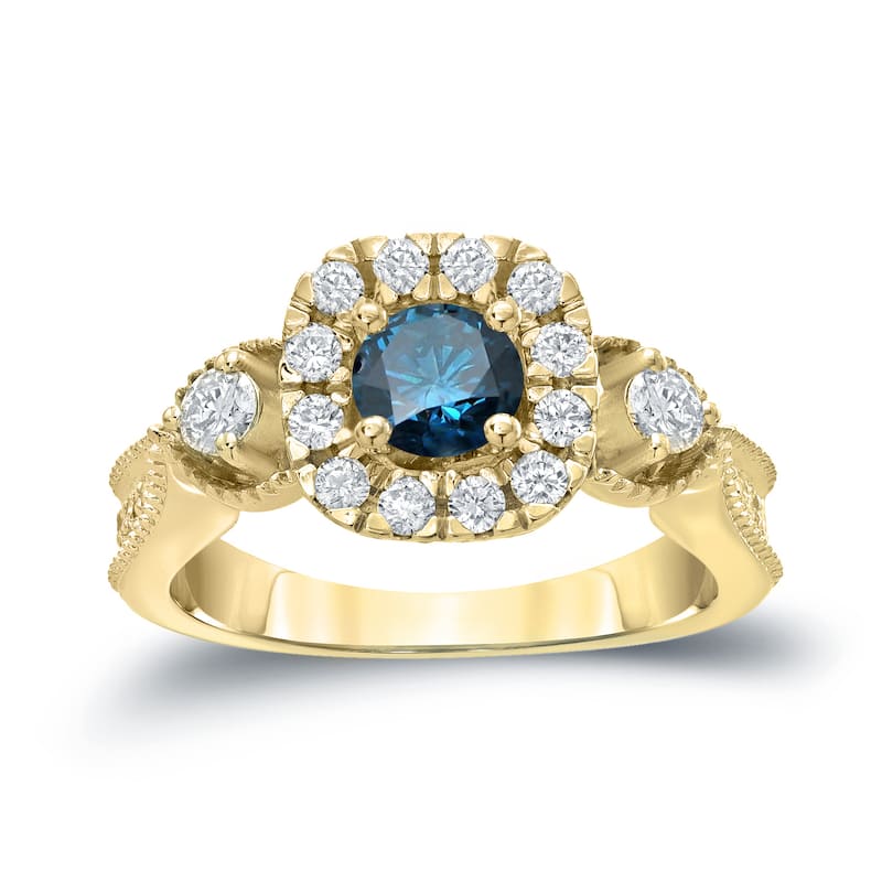 Auriya 1ctw 3 Stone Halo Blue Diamond Engagement Ring 14k Gold