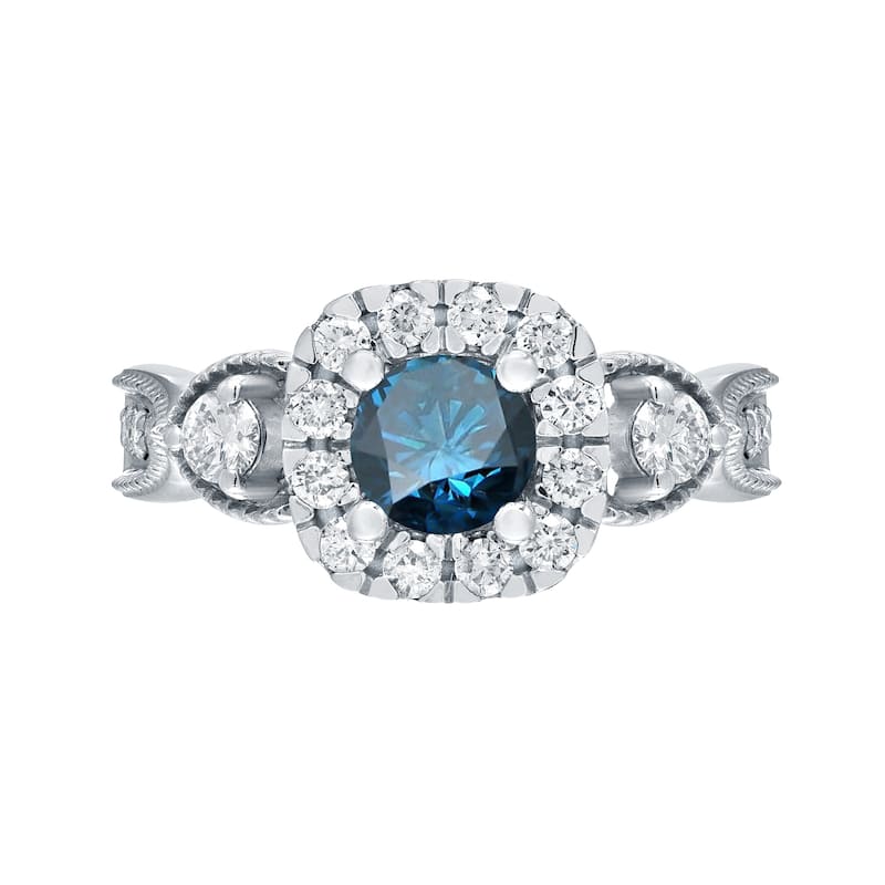Auriya 1ctw 3 Stone Halo Blue Diamond Engagement Ring 14k Gold