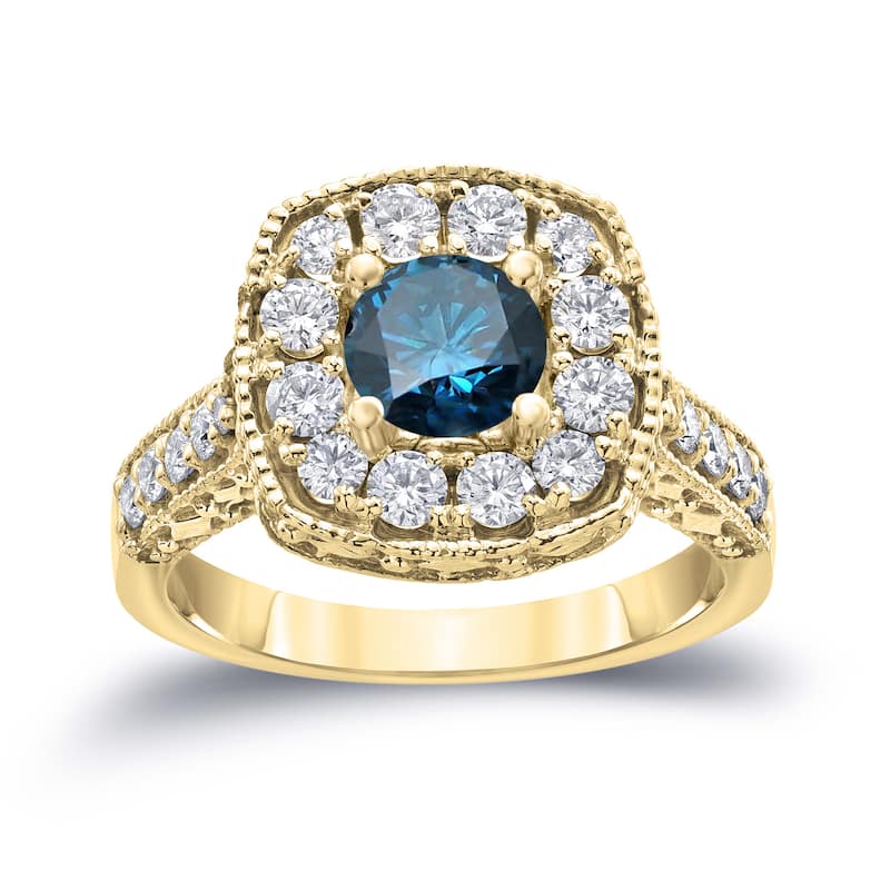 Auriya Ornate 1 1/2ctw Halo Blue Diamond Engagement Ring 14k Gold