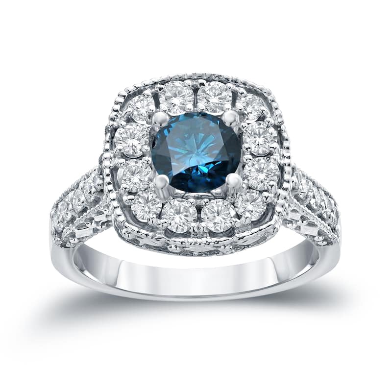 Auriya Ornate 1 1/2ctw Halo Blue Diamond Engagement Ring 14k Gold