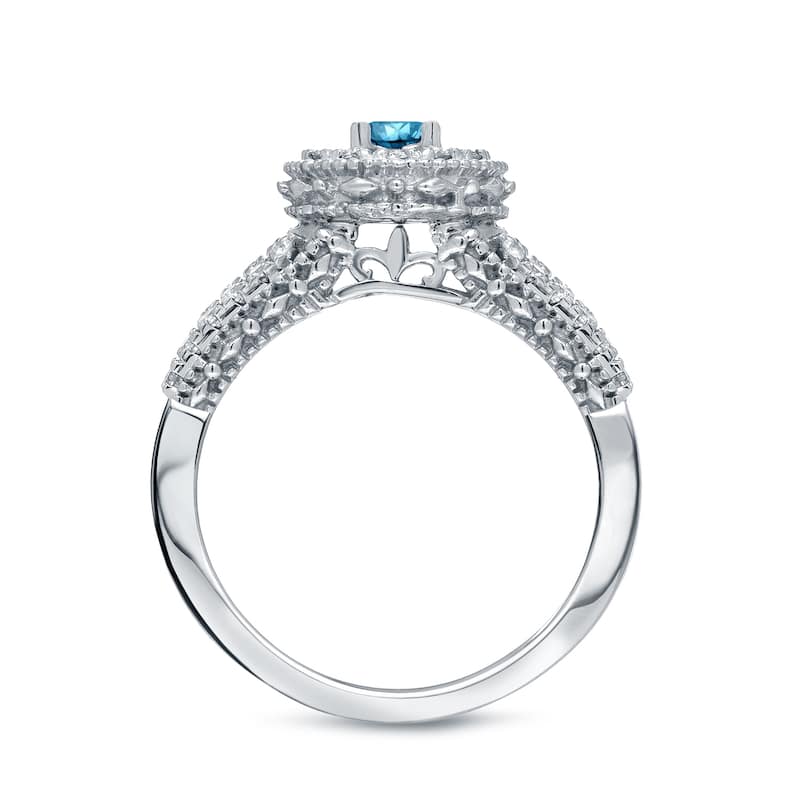 14k Gold Round 3/4ct TDW Blue Diamond with Halo Engagement Ring by Auriya