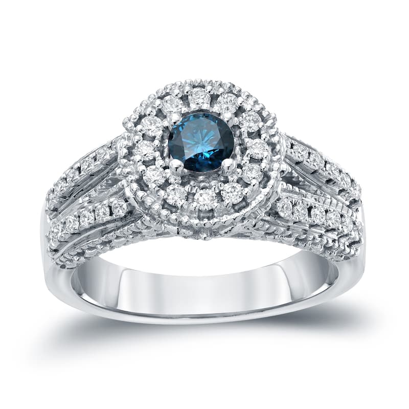 14k Gold Round 3/4ct TDW Blue Diamond with Halo Engagement Ring by Auriya