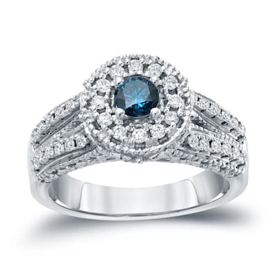 14k Gold Round 3/4ct TDW Blue Diamond with Halo Engagement Ring by Auriya