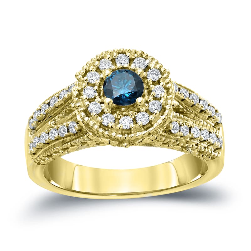 14k Gold Round 3/4ct TDW Blue Diamond with Halo Engagement Ring by Auriya