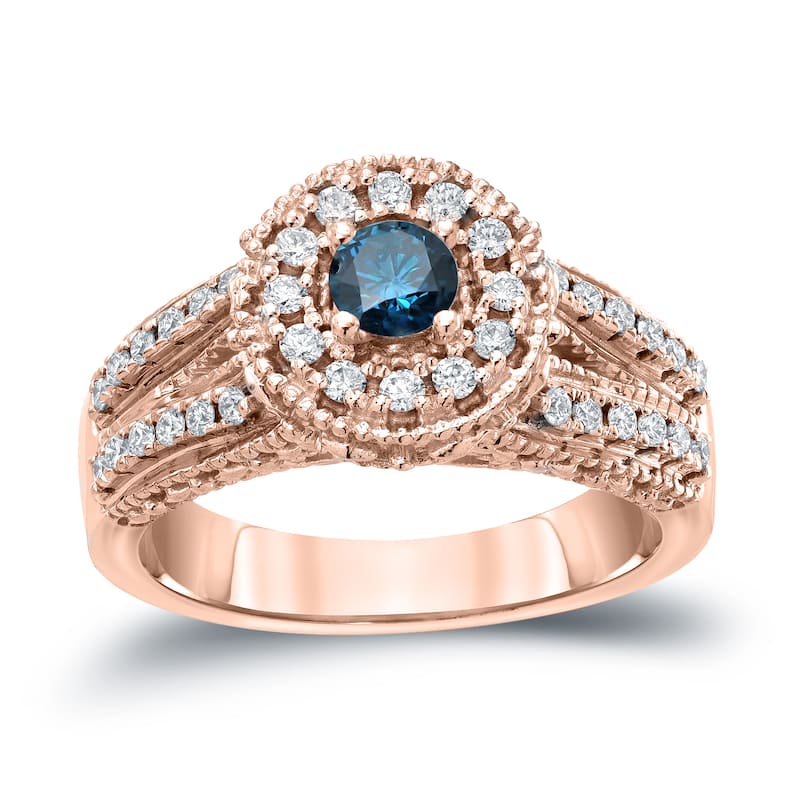 14k Gold Round 3/4ct TDW Blue Diamond with Halo Engagement Ring by Auriya