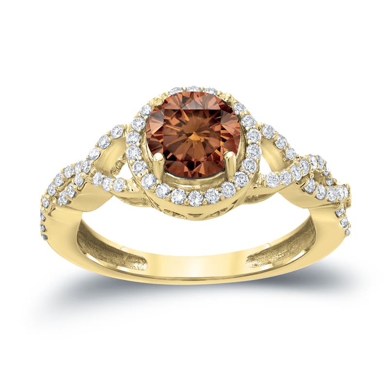 Auriya 1 3/8ctw Twisted Split Shank Halo Brown Diamond Engagement Ring 14kt Gold