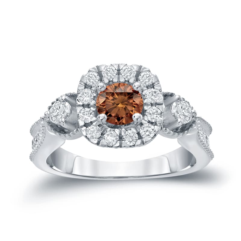 Auriya 1ctw 3-Stone Halo Brown Diamond Engagement Ring 14k Gold (H-I, I1-I2)
