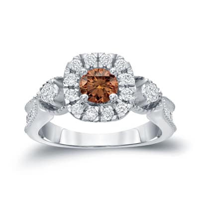 Auriya 1ctw 3-Stone Halo Brown Diamond Engagement Ring 14k Gold (H-I, I1-I2)