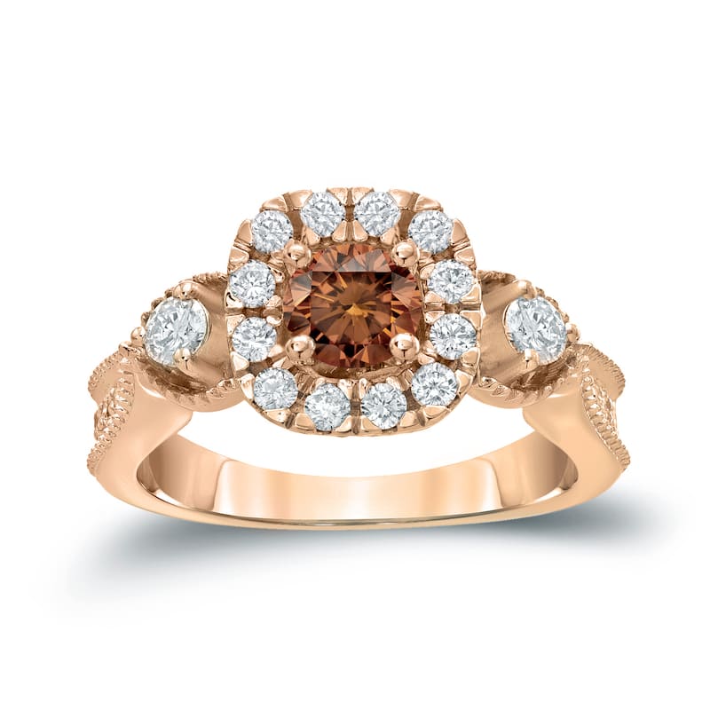 Auriya 1ctw 3-Stone Halo Brown Diamond Engagement Ring 14k Gold (H-I, I1-I2)