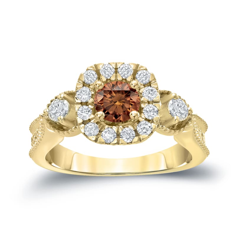 Auriya 1ctw 3-Stone Halo Brown Diamond Engagement Ring 14k Gold (H-I, I1-I2)