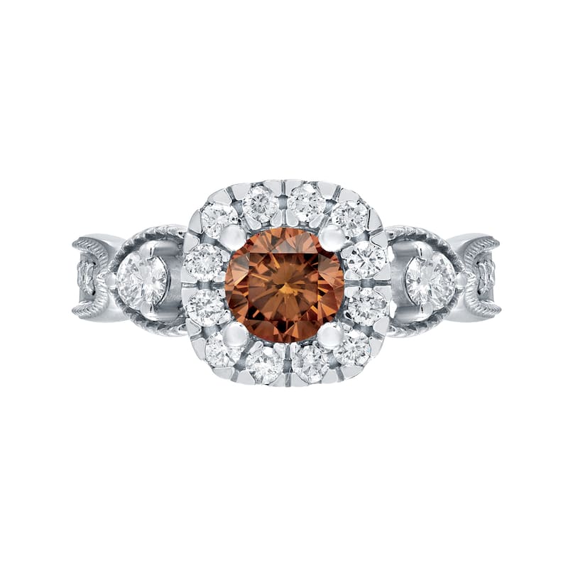 Auriya 1ctw 3-Stone Halo Brown Diamond Engagement Ring 14k Gold (H-I, I1-I2)