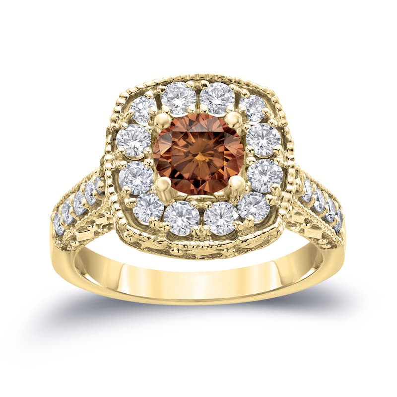 Auriya Ornate 1 1/2ctw Halo Brown Diamond Engagement Ring 14k Gold