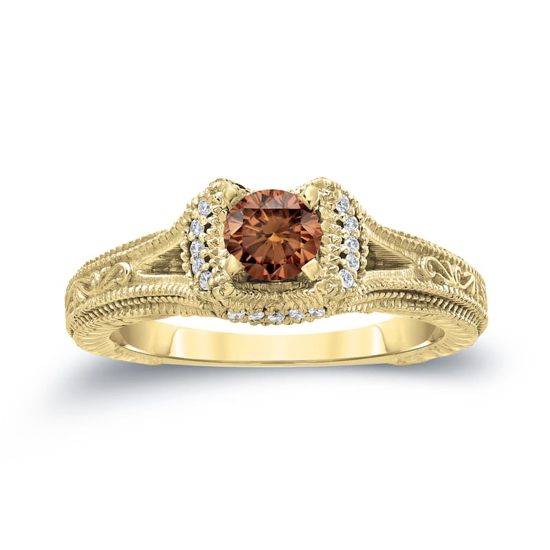 14k Gold Vintage Carved Round 1/2ct TDW Brown Diamond Engagement Ring