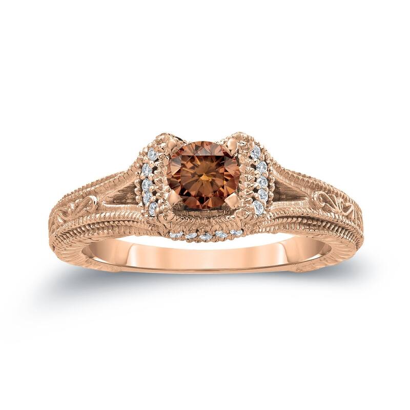 14k Gold Vintage Carved Round 1/2ct TDW Brown Diamond Engagement Ring