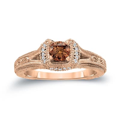 14k Gold Vintage Carved Round 1/2ct TDW Brown Diamond Engagement Ring
