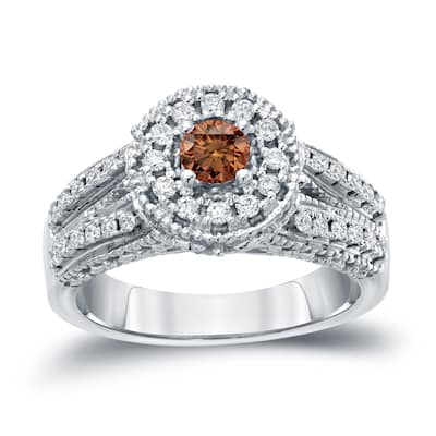 14k Gold Round 3/4ct TDW Brown Diamond with Halo Engagement Ring by Auriya