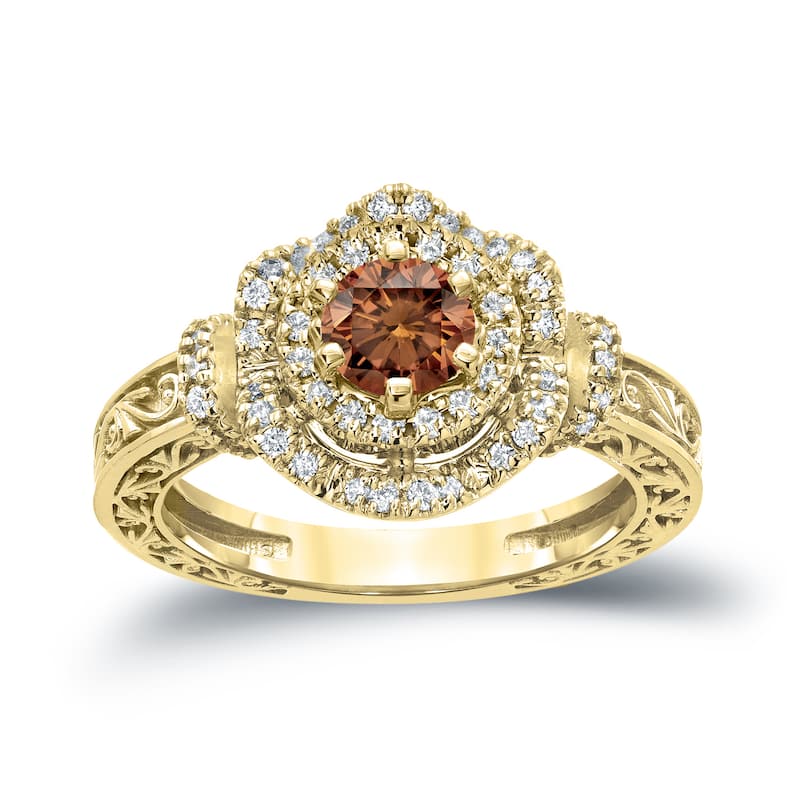 14k Gold Round 1ct TDW Brown Diamond Engagement Ring by Auriya