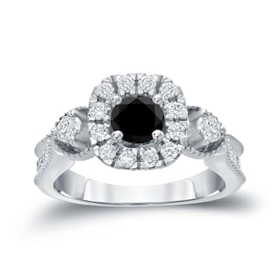 14k Gold Round 1ct TDW Black Diamond with Halo Engagement Ring by Auriya