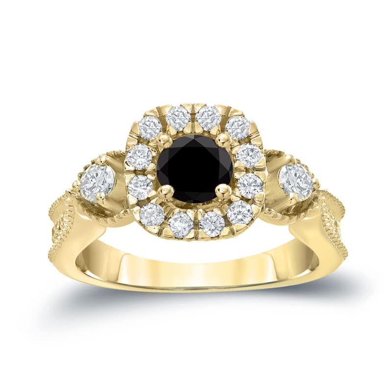 14k Gold Round 1ct TDW Black Diamond with Halo Engagement Ring by Auriya
