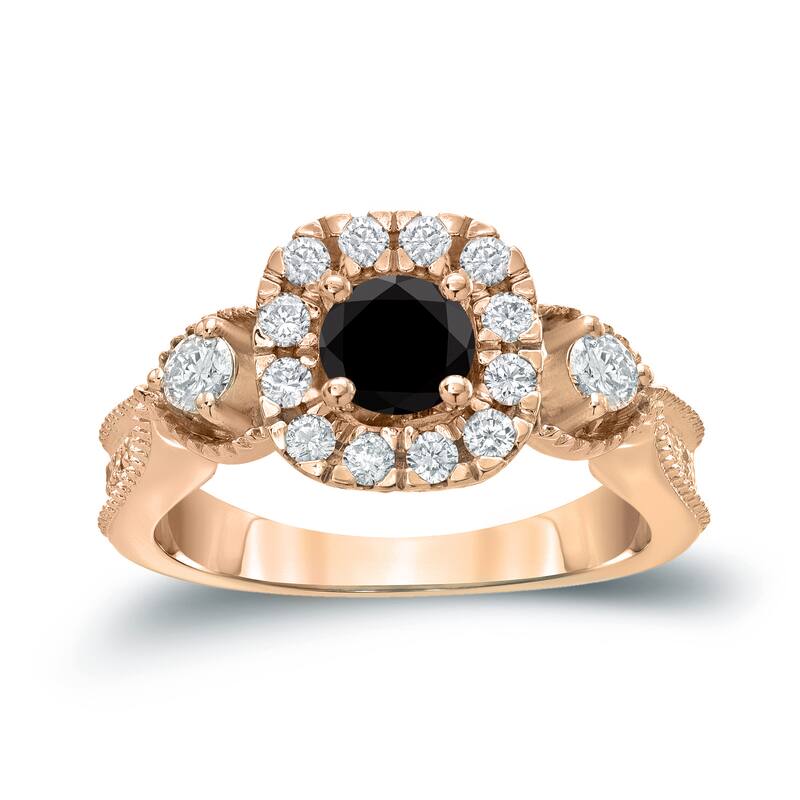 14k Gold Round 1ct TDW Black Diamond with Halo Engagement Ring by Auriya