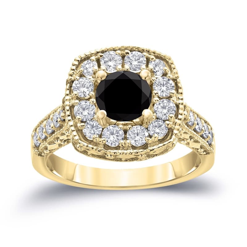 Auriya 14k Gold 1 1/2ctw Milgrain Halo Black Diamond Engagement Ring - 4 - Yellow