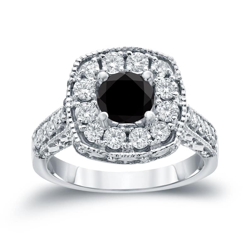Auriya 14k Gold 1 1/2ctw Milgrain Halo Black Diamond Engagement Ring - 4 - White