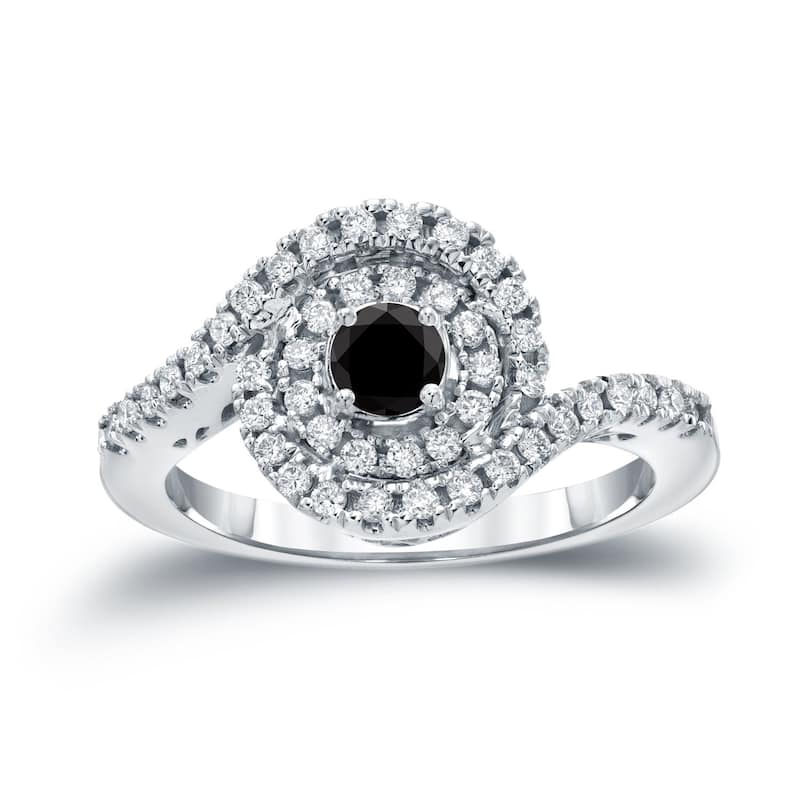 Auriya Modern 4/5ctw Halo Black Diamond Engagement Ring 14k Gold Bypass Style (H-I, I1-I2) - 4 - White