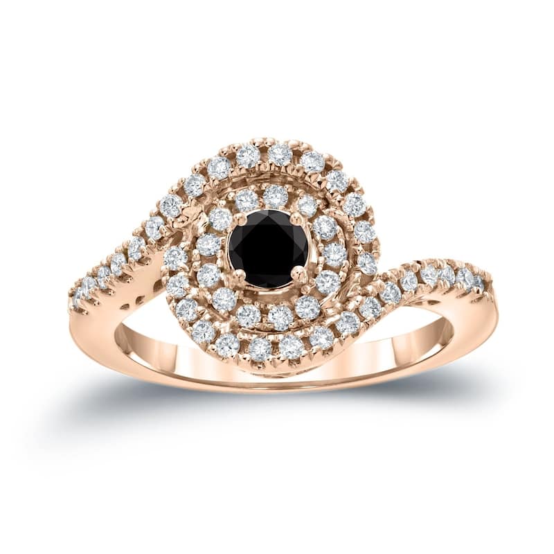 Auriya Modern 4/5ctw Halo Black Diamond Engagement Ring 14k Gold Bypass Style (H-I, I1-I2) - 4 - Rose