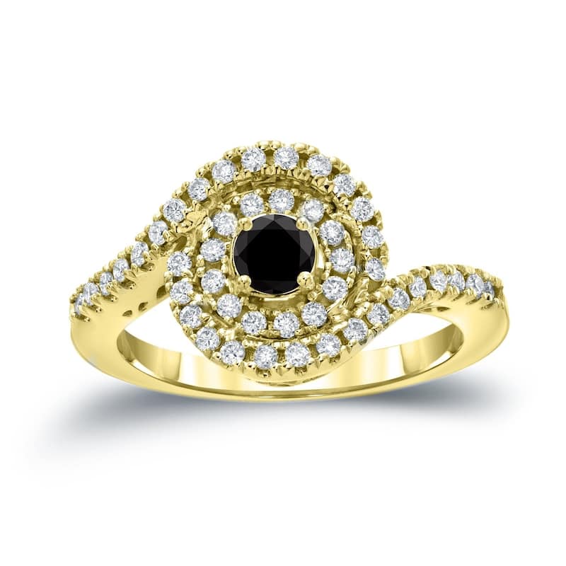 Auriya Modern 4/5ctw Halo Black Diamond Engagement Ring 14k Gold Bypass Style (H-I, I1-I2) - 4 - Yellow