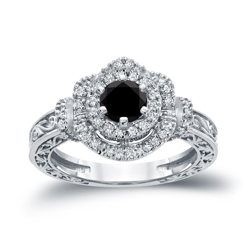 Auriya 1 Carat tw Vintage Round Black Diamond Engagement Ring in 14KT