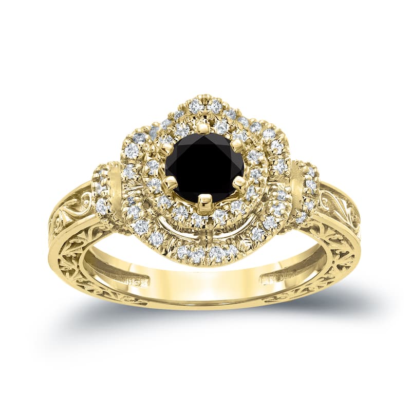 Auriya 1 Carat tw Vintage Round Black Diamond Engagement Ring in 14KT