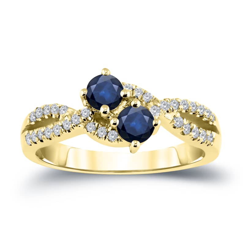 14k Gold Two Stone Round 1/2ct Blue Sapphire and 1/4ct TDW Diamond Engagement Ring