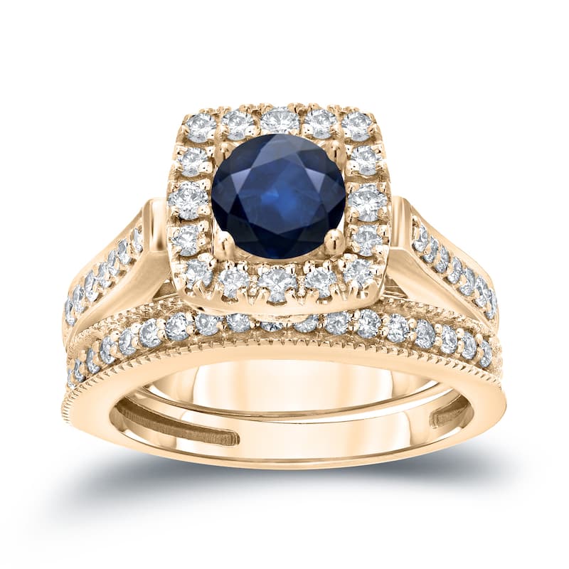 Auriya 1/3ct Blue Sapphire and 3/4ctw Halo Diamond Engagement Ring Set 14kt Gold