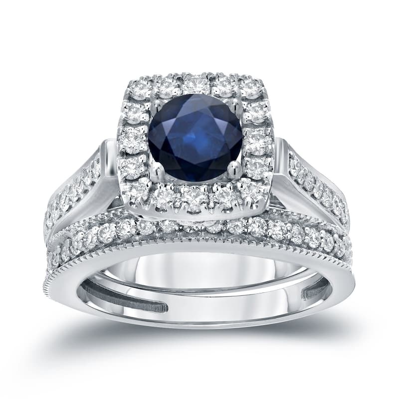 Auriya 1/3ct Blue Sapphire and 3/4ctw Halo Diamond Engagement Ring Set 14kt Gold - 4 - White