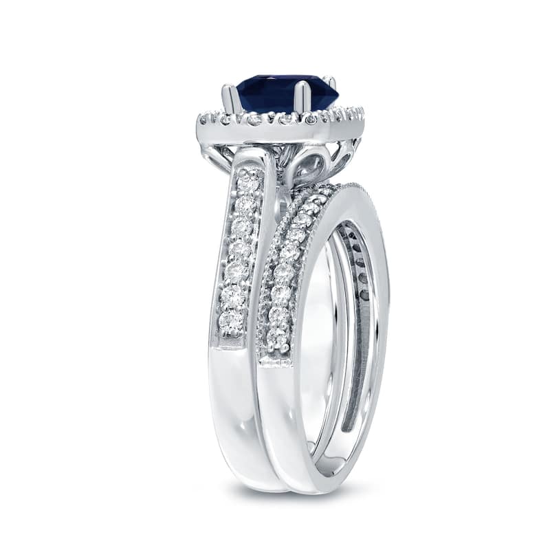 Auriya 1/3ct Blue Sapphire and 3/4ctw Halo Diamond Engagement Ring Set 14kt Gold
