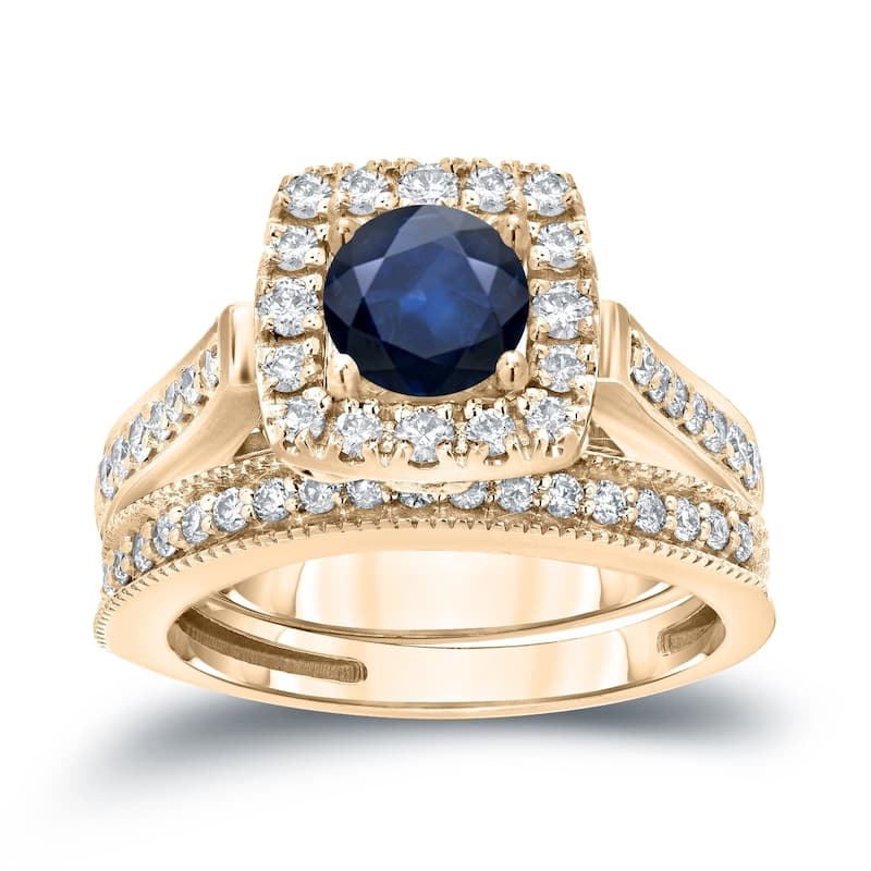 Auriya 1/3ct Blue Sapphire and 3/4ctw Halo Diamond Engagement Ring Set 14kt Gold - 4 - Yellow