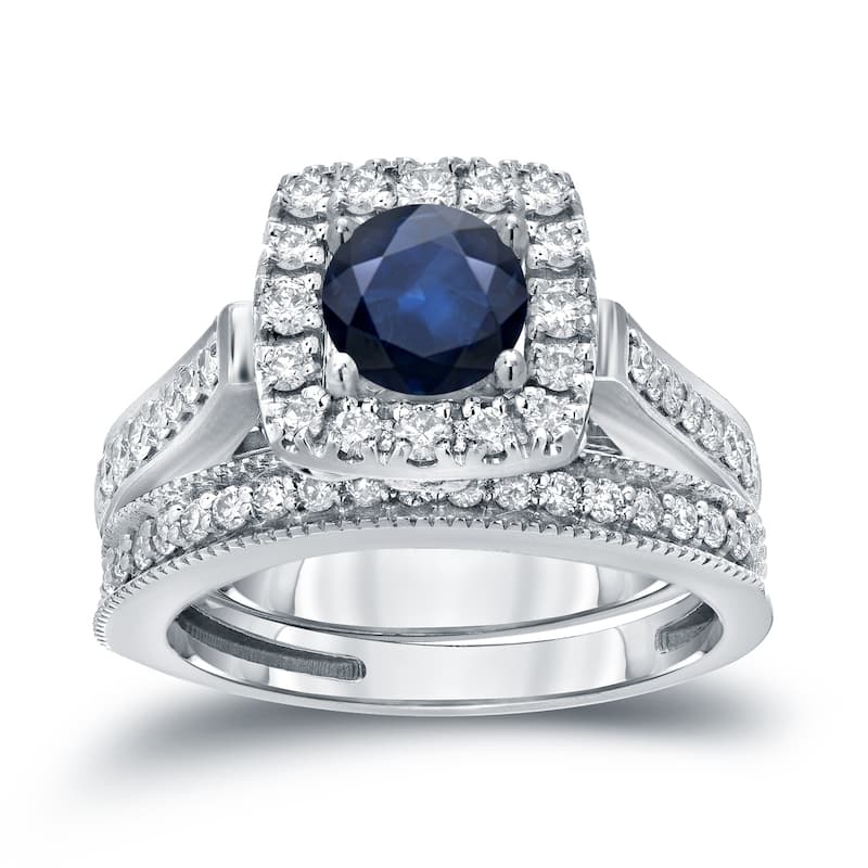Auriya 1/3ct Blue Sapphire and 3/4ctw Halo Diamond Engagement Ring Set 14kt Gold